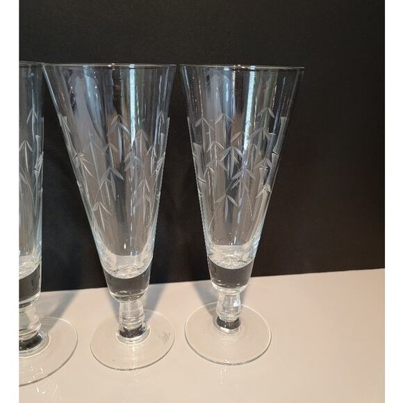 VTG Etched Bamboo Cut Crystal Glasses Set of 5 Tall‎ Pilsners Retro MCM Barware - Picture 6 of 12